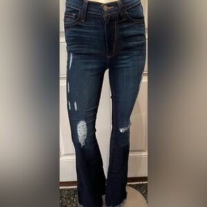 Dark Indigo Flare Jeans with Distressed Details